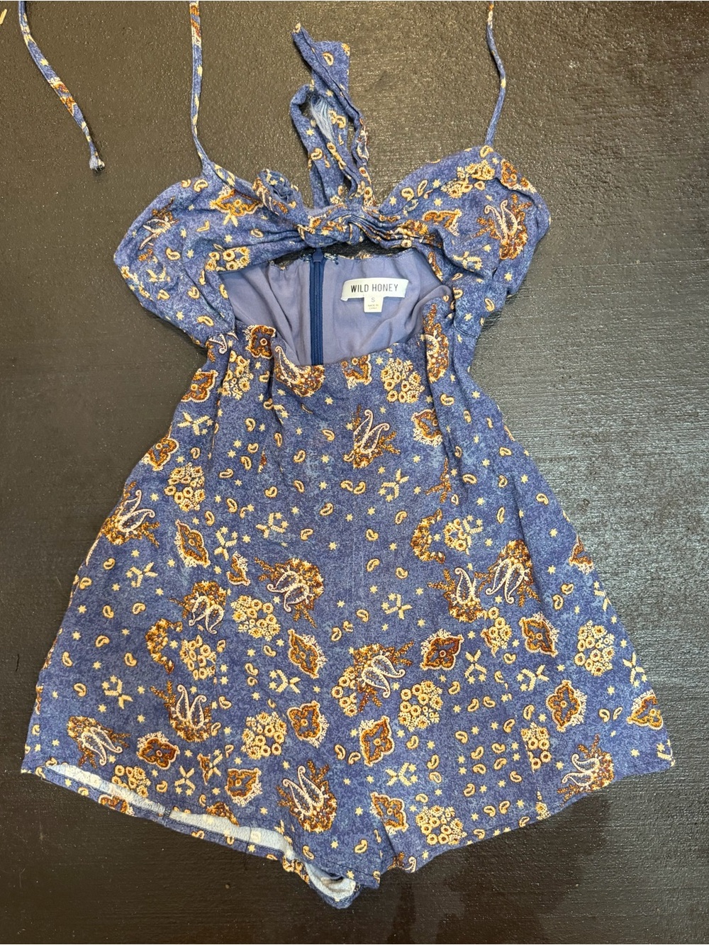Wild Honey Blue Floral Halter Romper with Yellow-Brown Accents